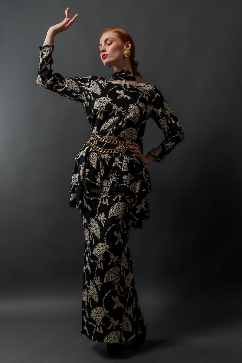 Vintage 80s Yves Saint Laurent Silk Fan Print Top & Skirt Set on model Emily @ Recess LA
