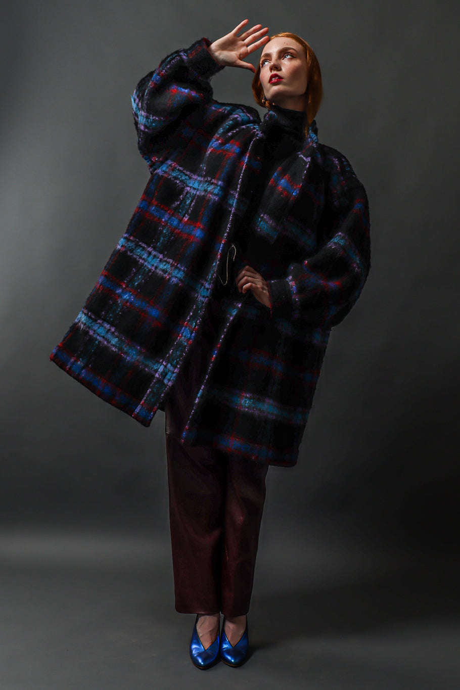 Vintage Saint Laurent Plaid Wool Coat on model Emily @ Recess Los Angeles