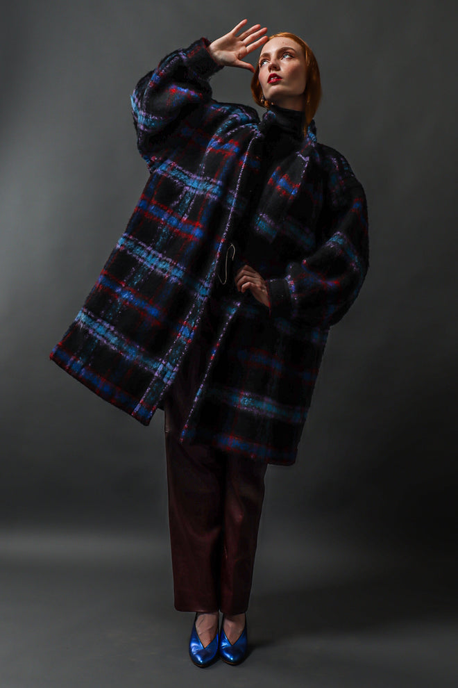 Vintage Saint Laurent Plaid Wool Coat on model Emily @ Recess Los Angeles