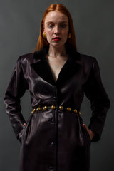 Vintage YSL Saint Laurent Circular Dome Leather Belt on model Emily @ Recess Los Angeles