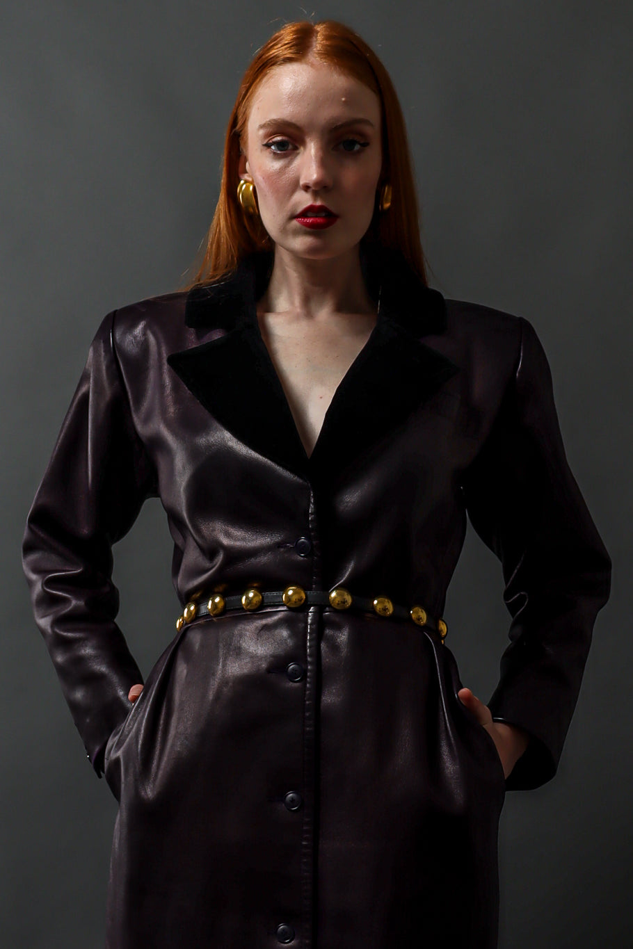 Vintage Saint Laurent 1980s Leather Dress Coat on model Emily @ Recess Los Angeles