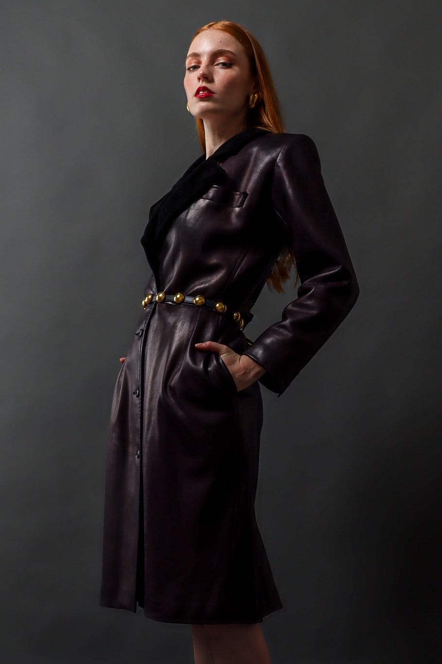 Vintage Saint Laurent 1980s Leather Dress Coat on model Emily @ Recess Los Angeles