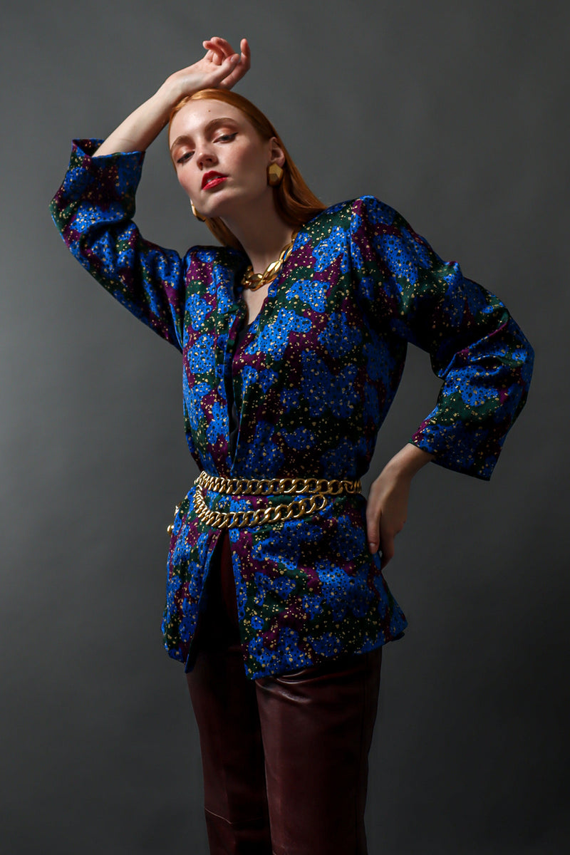 Vintage Saint Laurent Abstract Speckle Silk Jacket on model Emily @ Recess LA