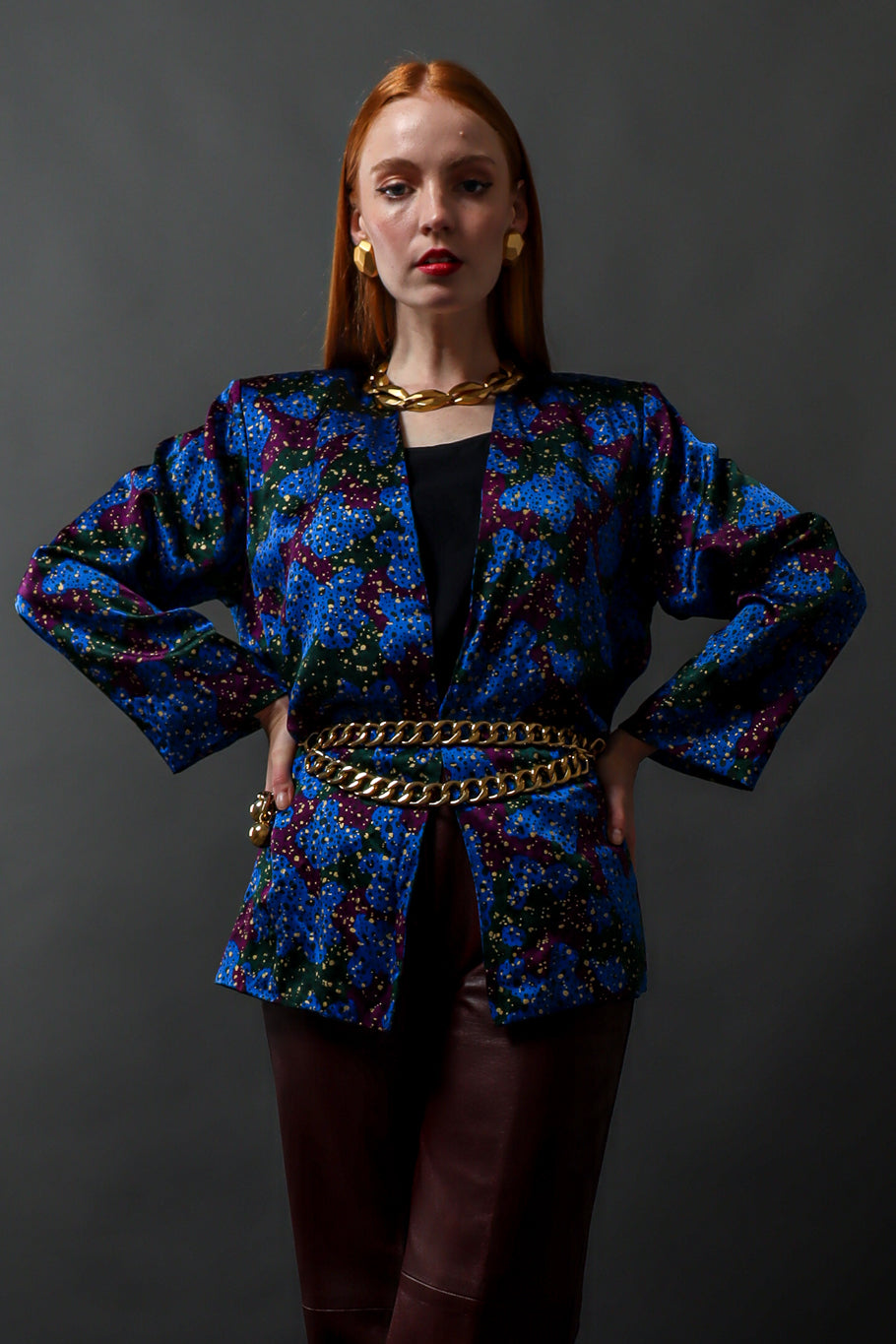 Vintage Saint Laurent Abstract Speckle Silk Jacket on model Emily @ Recess LA