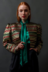 Vintage Saint Laurent Festive Lamé Stripe Bolero on model Emily @ Recess Los Angeles