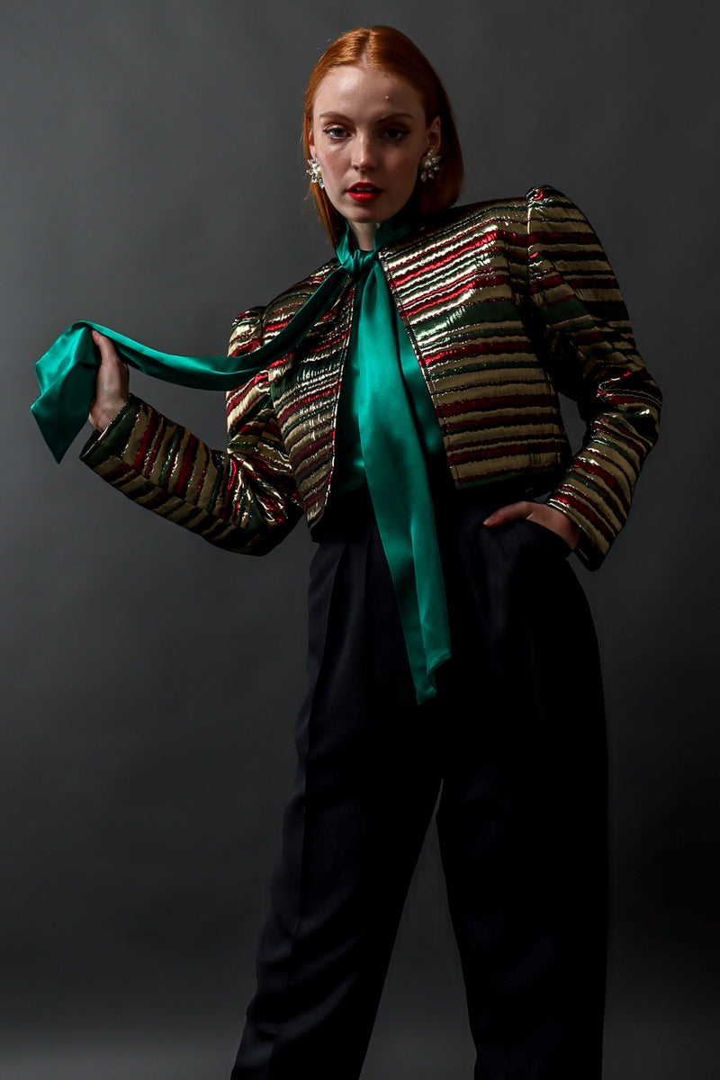 Vintage Saint Laurent Festive Lamé Stripe Bolero on model Emily @ Recess Los Angeles