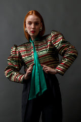 Vintage Saint Laurent Festive Lamé Stripe Bolero on model Emily @ Recess Los Angeles