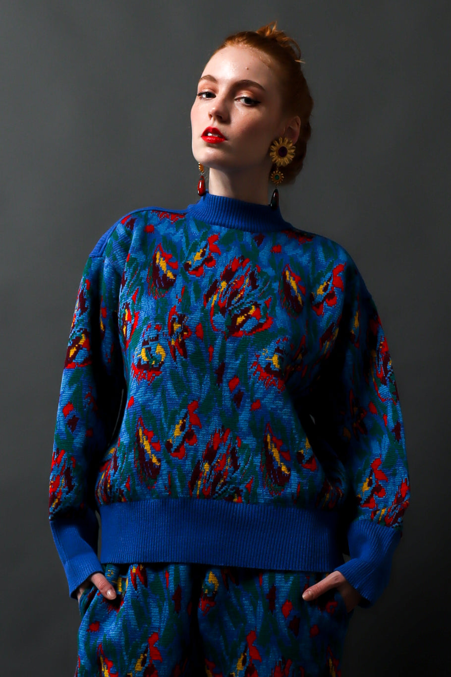 Vintage Saint Laurent Abstract Floral Knit Sweater & Pant Set on model Emily @ Recess LA