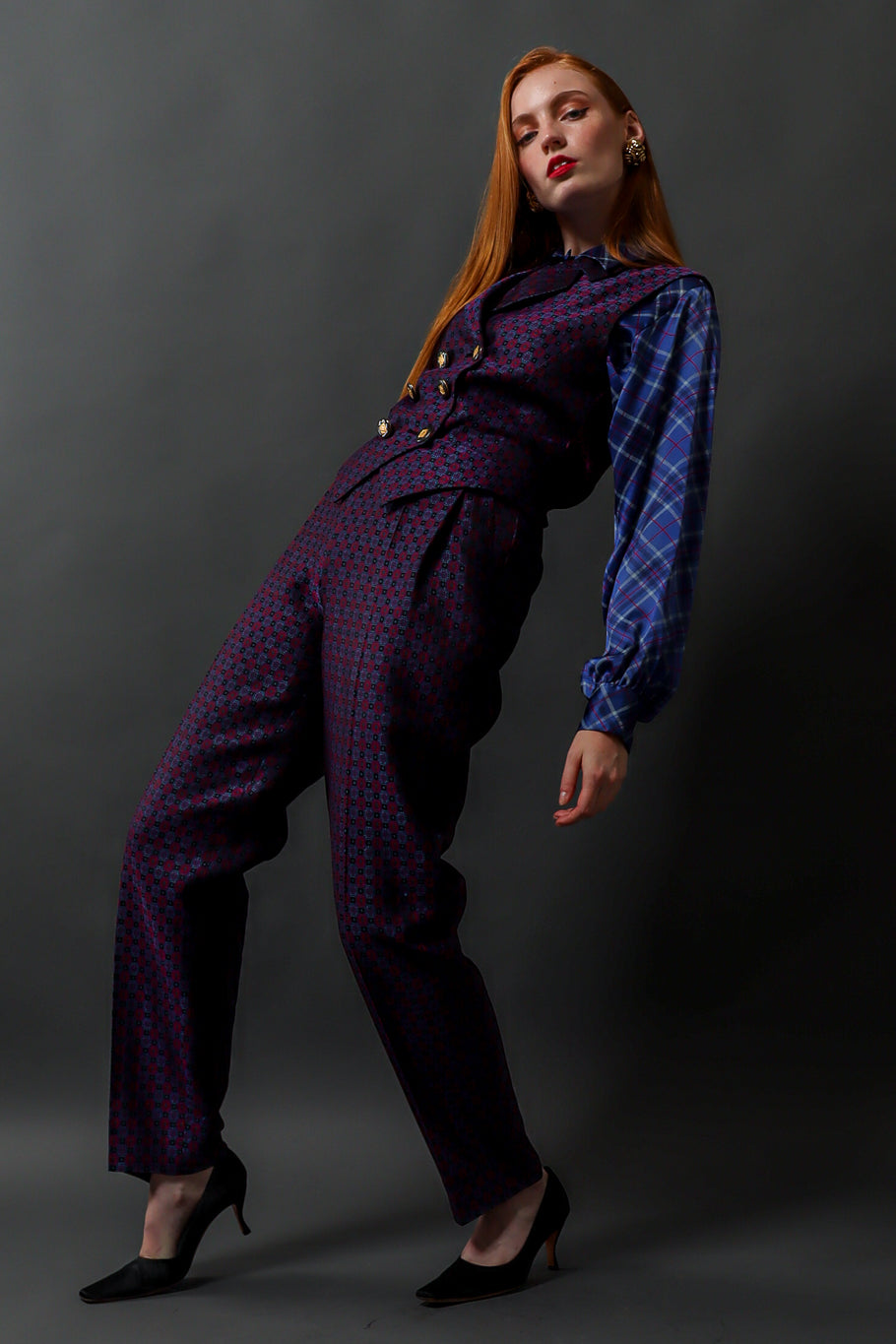 Vintage 90s Yves Saint Laurent Geo Checker Vest & Pant Suit Set on model @ Recess LA