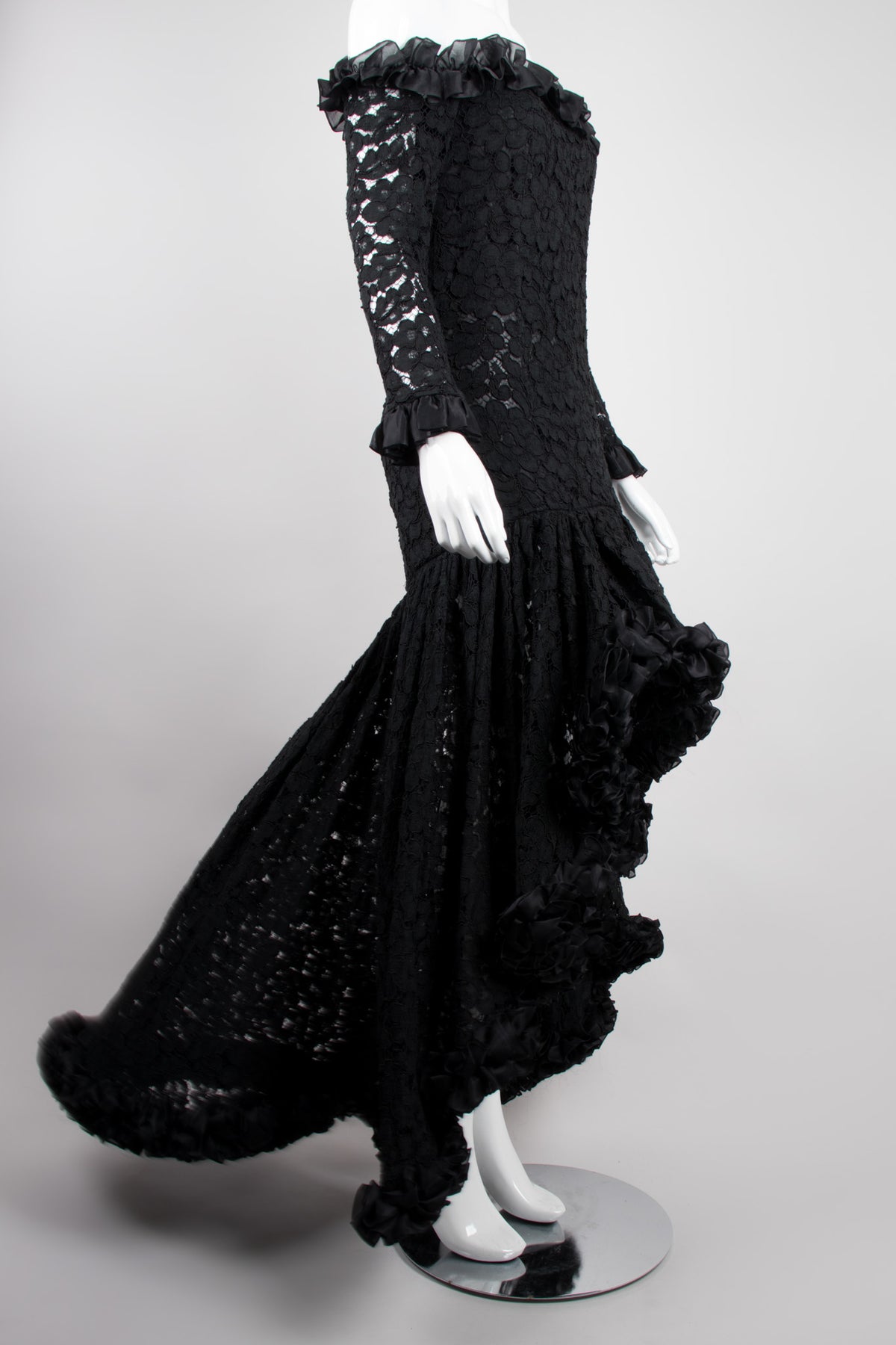 YSL Yves Saint Laurent Rive Gauche Sheer Lace Ruffle Hi-Lo Gown Recess YSL Yves Saint Laurent Rive Gauche Sheer Lace Ruffle Hi-Lo Gown Recess