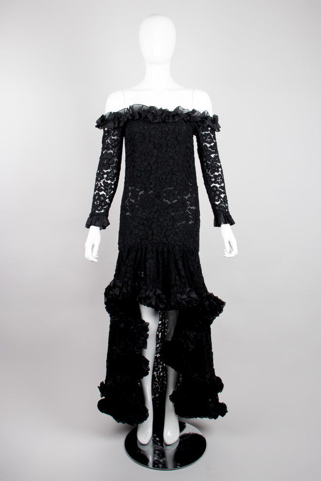 YSL Yves Saint Laurent Rive Gauche Sheer Lace Ruffle Hi-Lo Gown