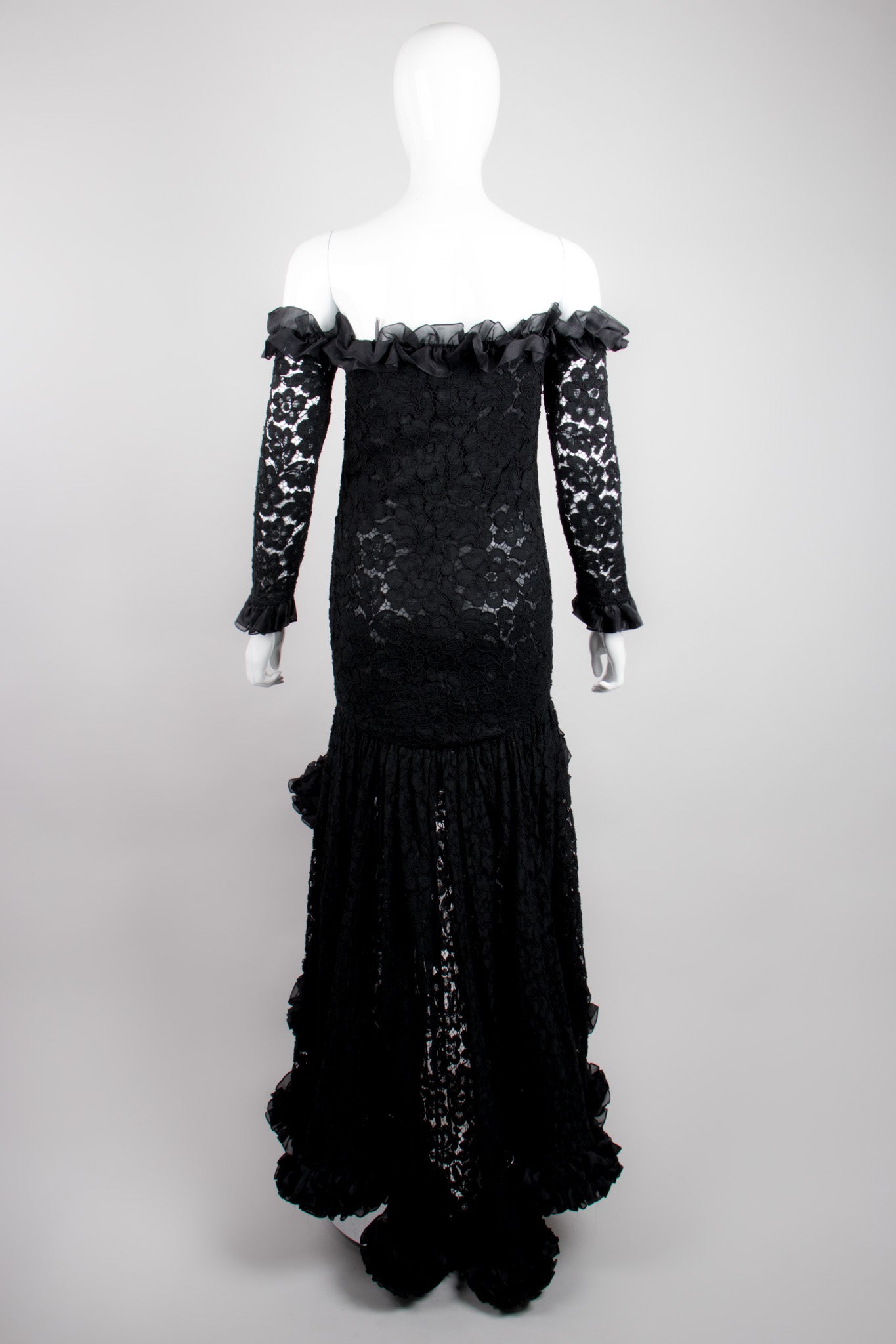 YSL Yves Saint Laurent Rive Gauche Sheer Lace Ruffle Hi-Lo Gown