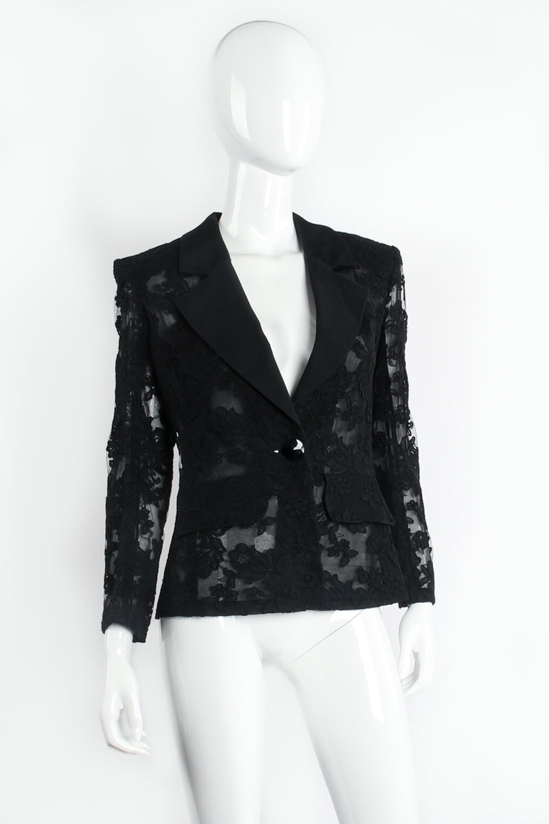 Vintage Yves Saint Laurent Alençon Lace Tuxedo Jacket on Mannequin Front at Recess LA