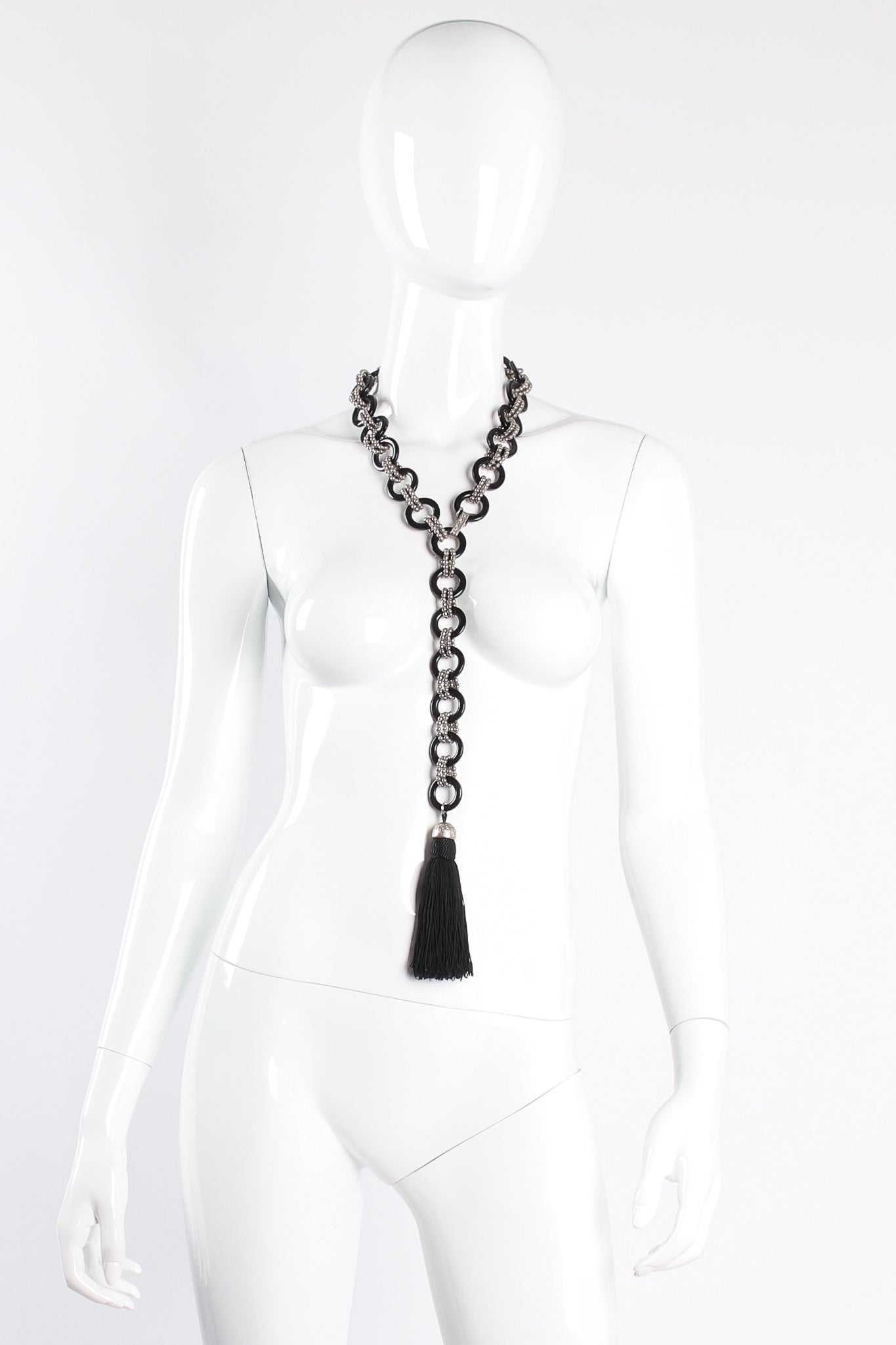 Vintage Yves Saint Laurent YSL Bakelite Ball Chain Tassel Belt on mannequin at Recess Los Angeles