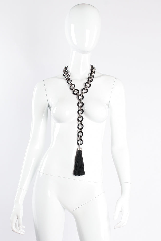 Vintage Yves Saint Laurent YSL Bakelite Ball Chain Tassel Belt on mannequin at Recess Los Angeles