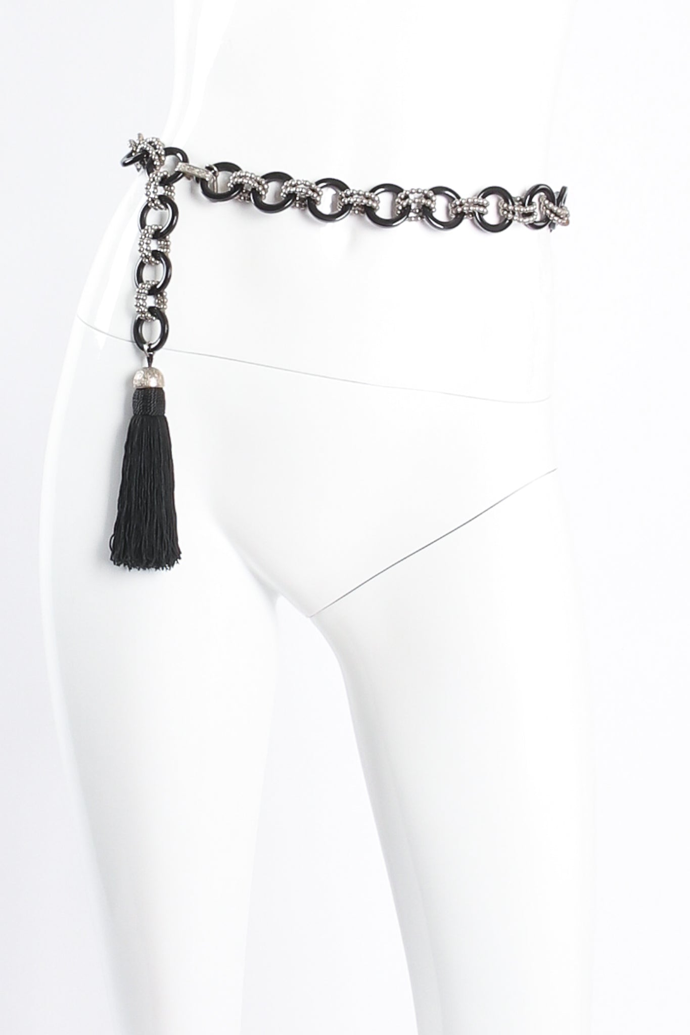 Vintage Yves Saint Laurent YSL Bakelite Ball Chain Tassel Belt on mannequin at Recess Los Angeles