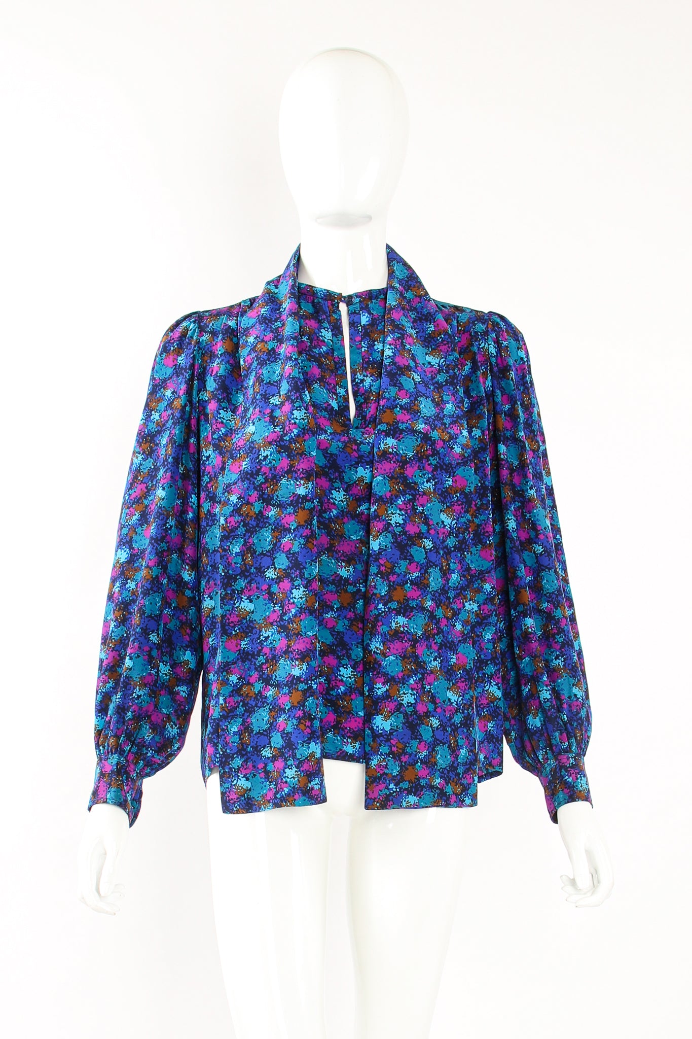 Vintage YSL Yves Saint Laurent Silk Splatter Bow Blouse on Mannequin untied at Recess Los Angeles