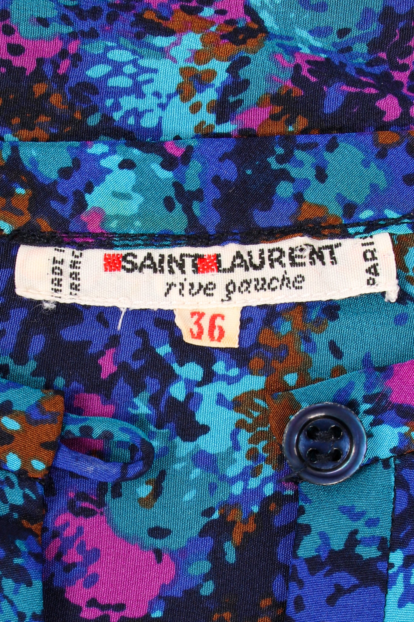 Vintage YSL Yves Saint Laurent Silk Splatter Bow Blouse label at Recess Los Angeles