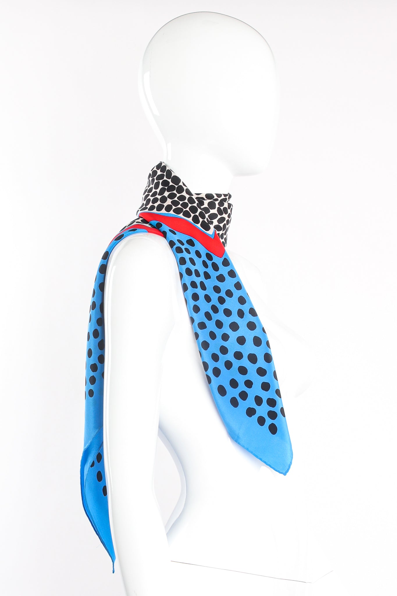 Vintage Yves Saint Laurent YSL Dalmatian Dot Silk Scarf on mannequin at Recess Los Angeles