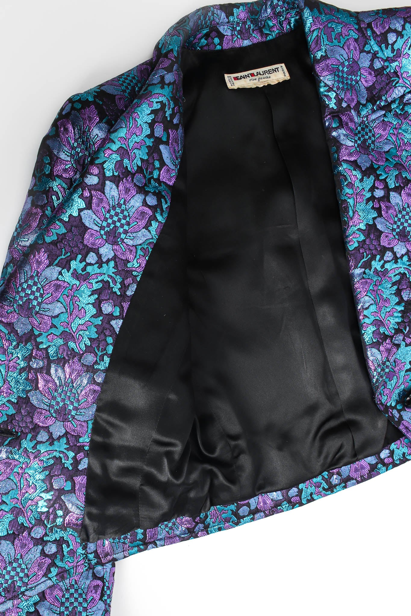 Vintage Saint Laurent 1980s Floral Brocade Metallic Jacket & Bag Set jacket flat/lining @ Recess LA