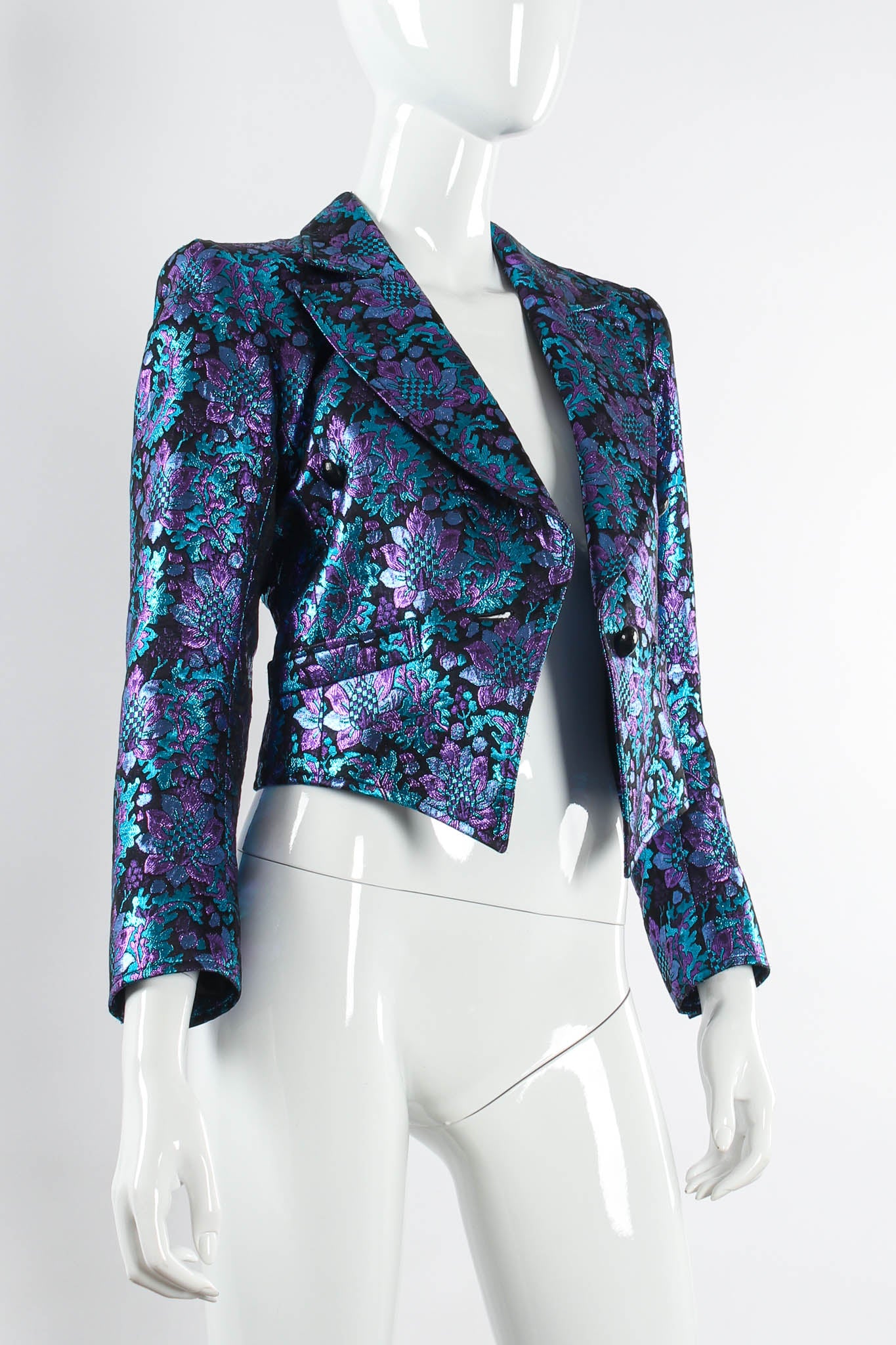 Vintage Saint Laurent 1980s Floral Brocade Metallic Jacket & Bag Set mannequin unbuttoned @ Recess LA