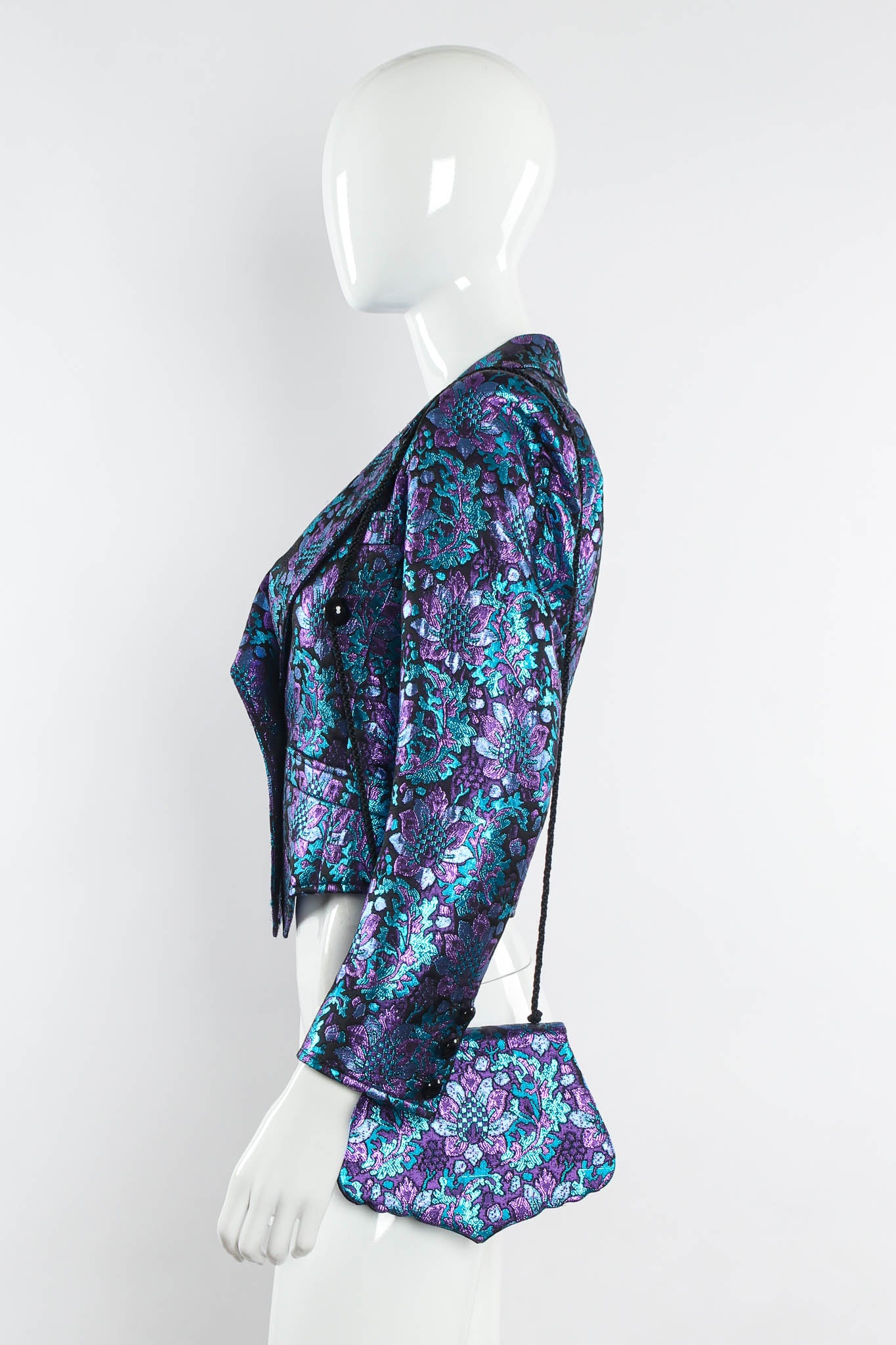 Vintage Saint Laurent 1980s Floral Brocade Metallic Jacket & Bag Set mannequin side set @ Recess LA