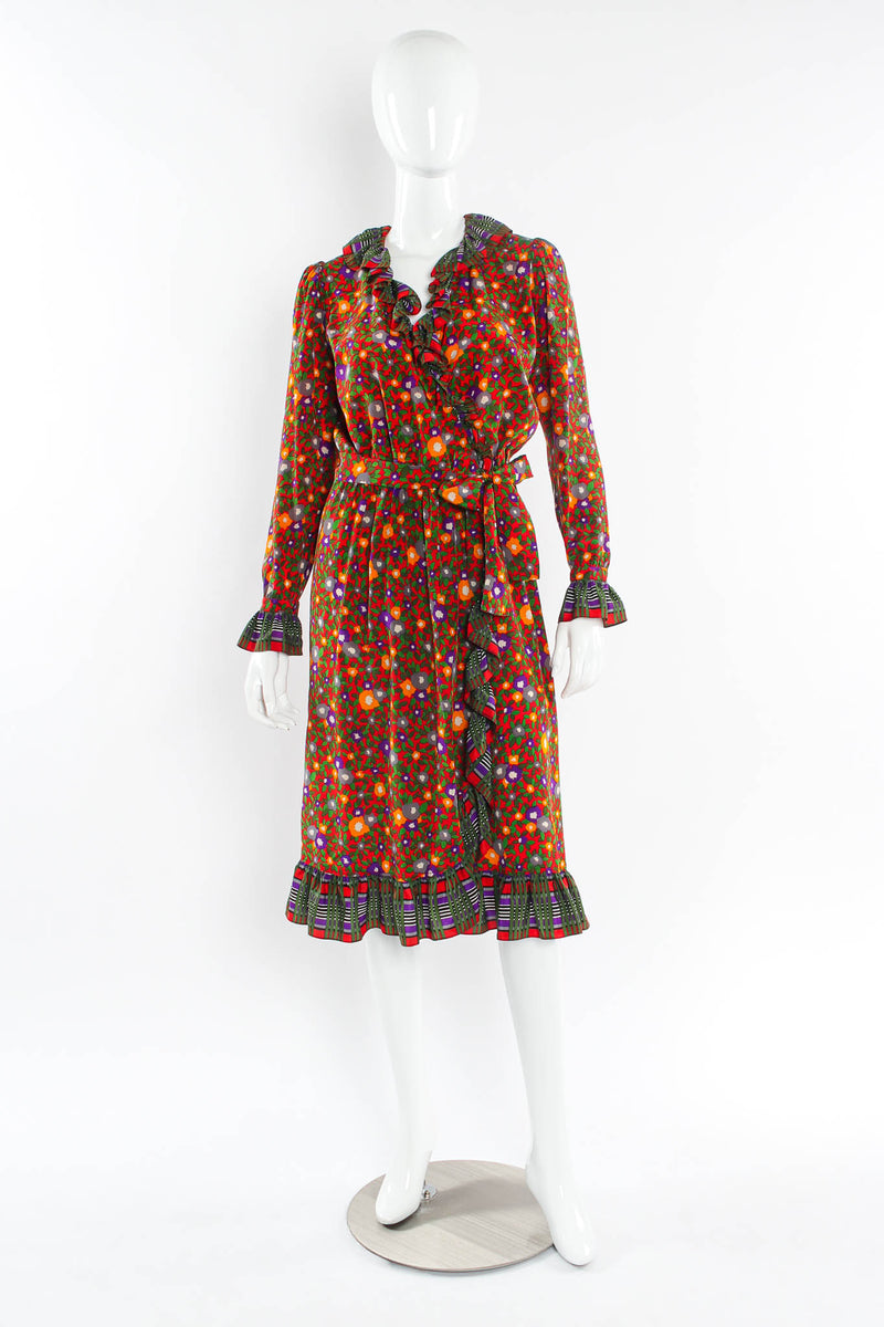 Vintage Saint Laurent Floral Plaid Silk Wrap Dress mannequin front @ Recess LA