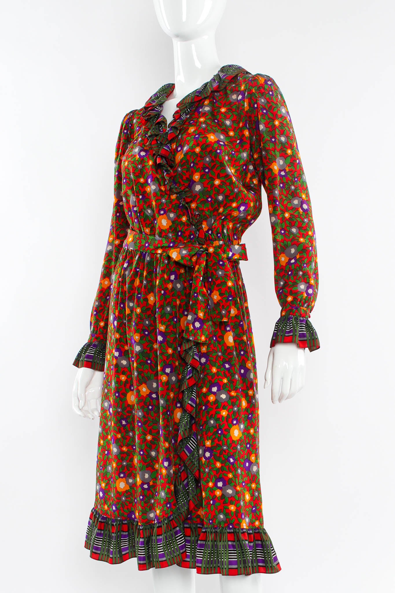 Vintage Saint Laurent Floral Plaid Silk Wrap Dress mannequin angle @ Recess LA