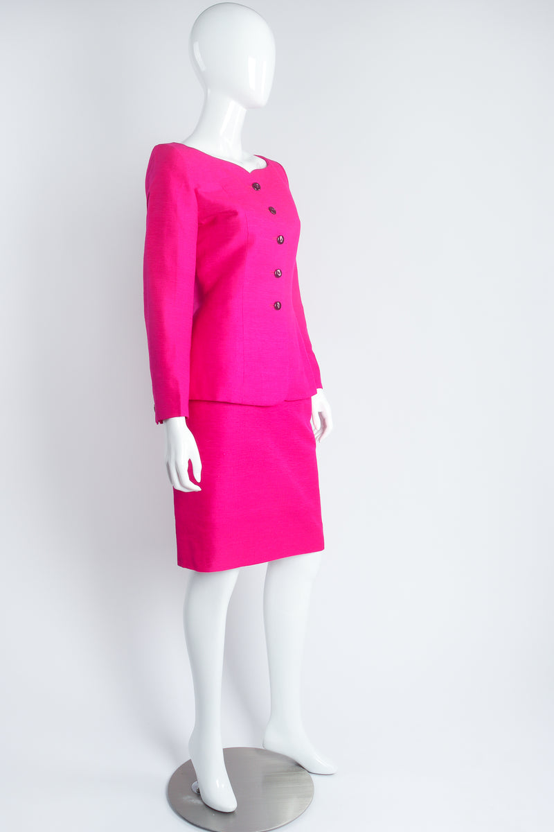 Vintage Yves Saint Laurent YSL Hot Neon Silk Jacket & Skirt Suit Set mannequin angle @ Recess LA