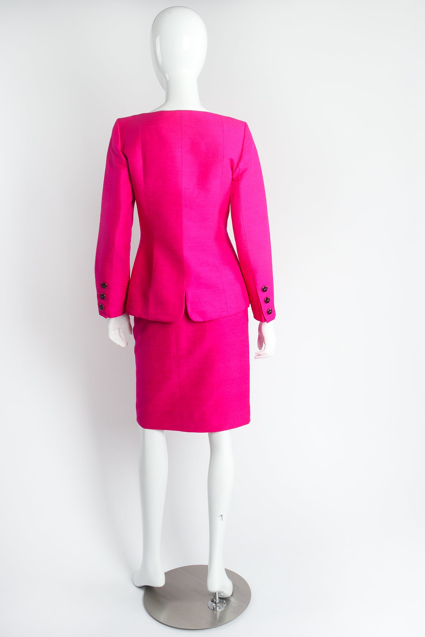 Vintage Yves Saint Laurent YSL Hot Neon Silk Jacket & Skirt Suit Set on mannequin back @ Recess LA