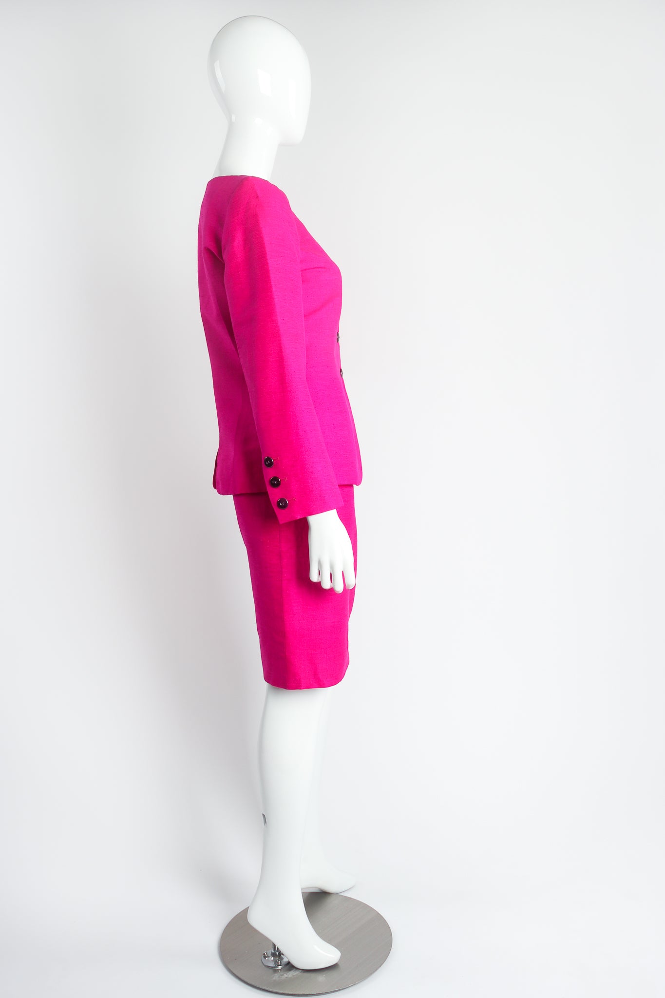 Vintage Yves Saint Laurent YSL Hot Neon Silk Jacket & Skirt Suit Set on mannequin side @ Recess LA