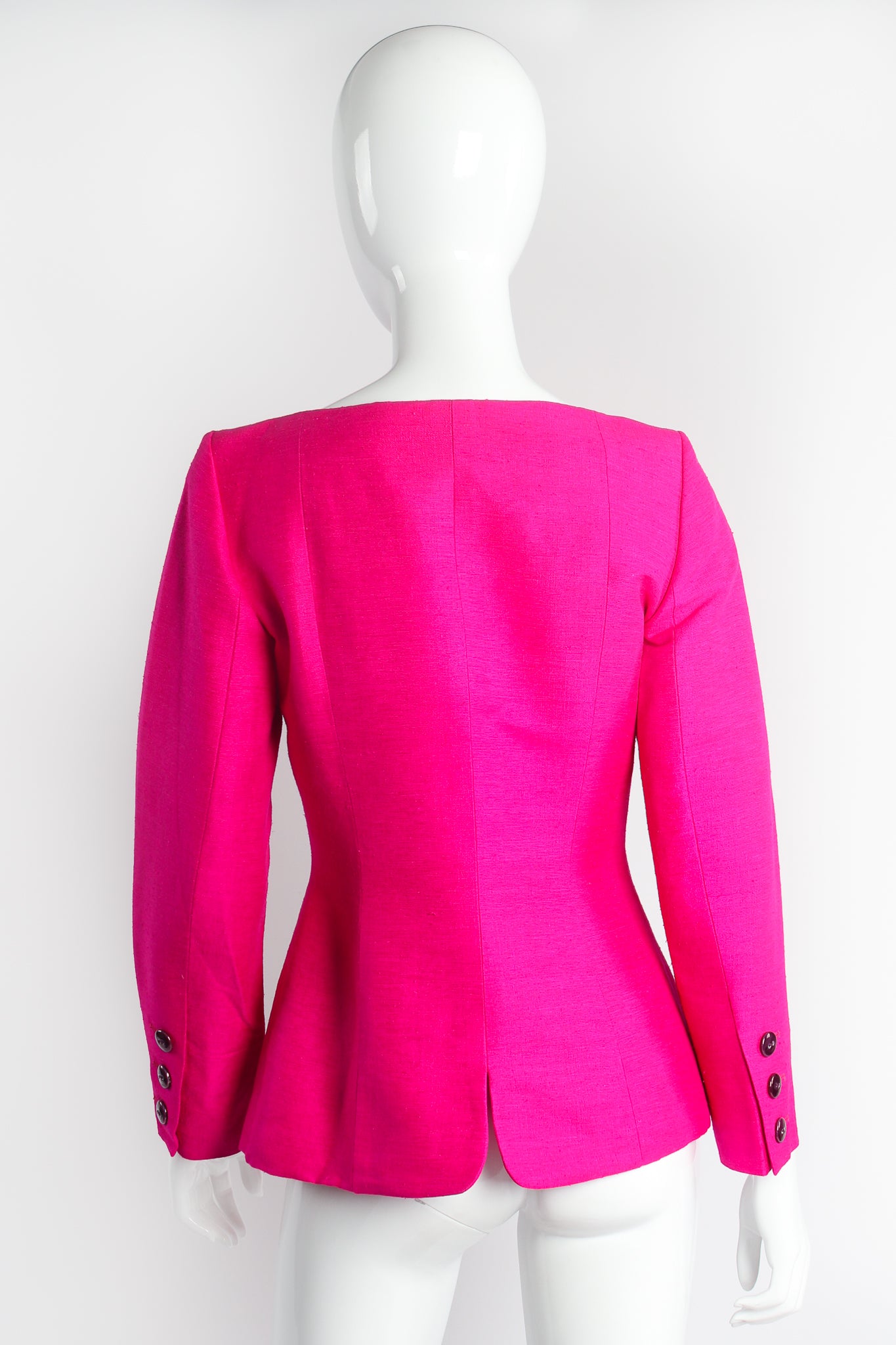 Vintage Yves Saint Laurent YSL Hot Neon Silk Jacket Suit Set on mannequin back @ Recess LA