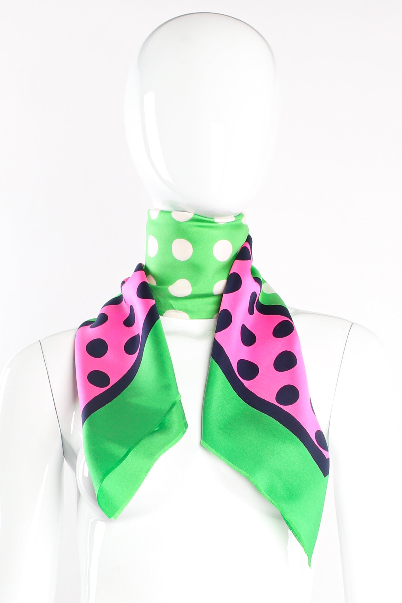 Vintage Yves Saint Laurent YSL Watermelon Dot Silk Scarf on mannequin at Recess Los Angeles