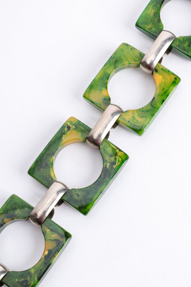 Vintage Yves Saint Laurent YSL Green Bakelite Square Chain Belt detail at Recess Los Angeles
