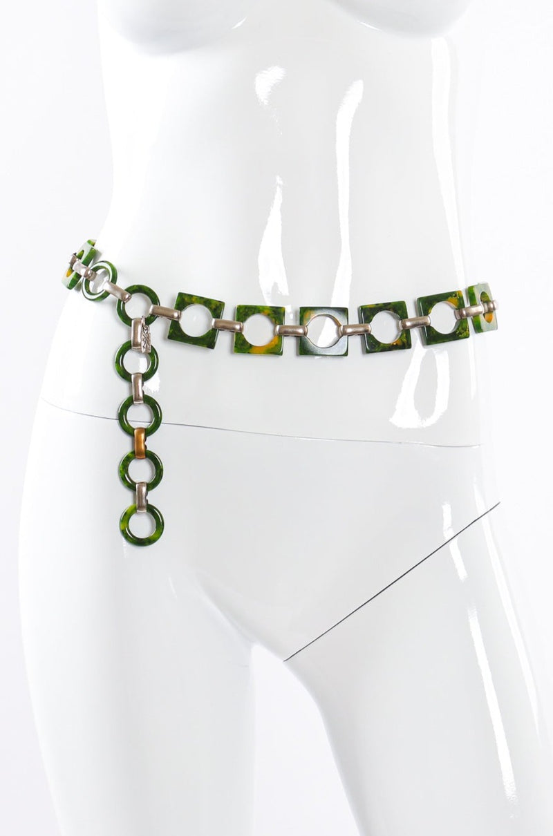 Vintage Yves Saint Laurent YSL Green Bakelite Square Chain Belt on mannequin at Recess Los Angeles