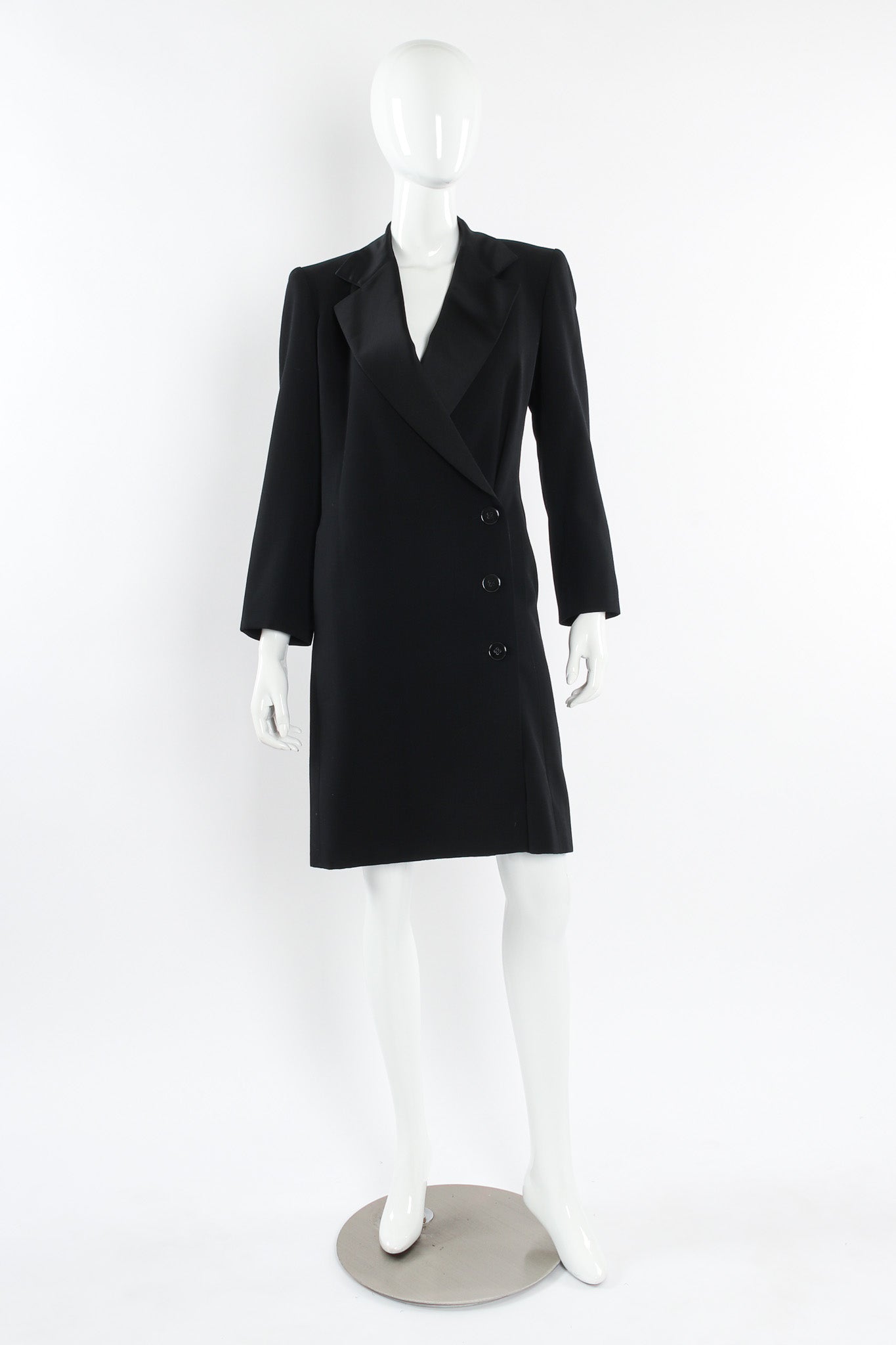 Vintage Saint Laurent Diagonal Breasted Wool Coat mannequin front @ Recess Los Angeles