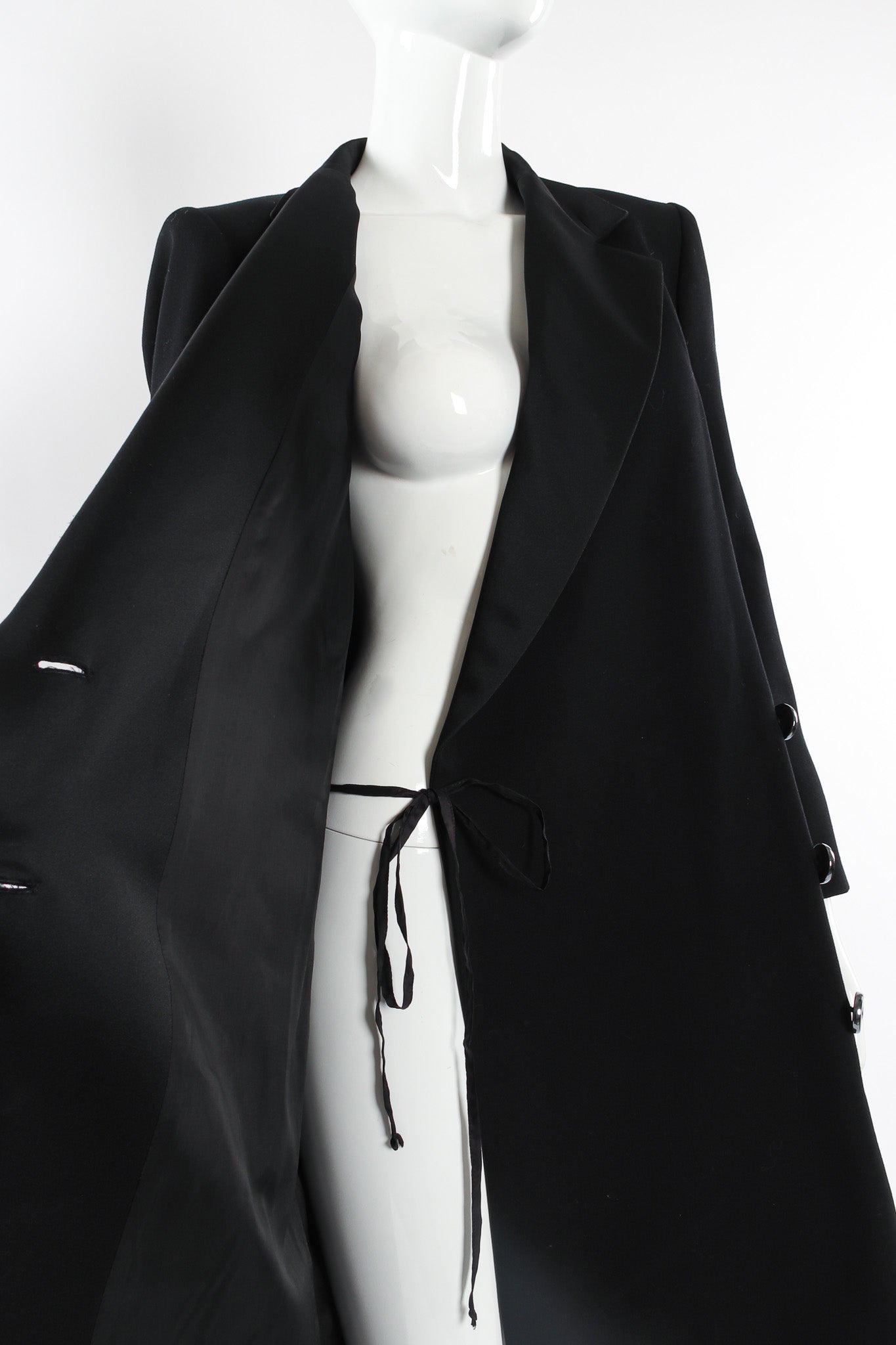 Vintage Saint Laurent Diagonal Breasted Wool Coat mannequin wrap tie close @ Recess Los Angeles