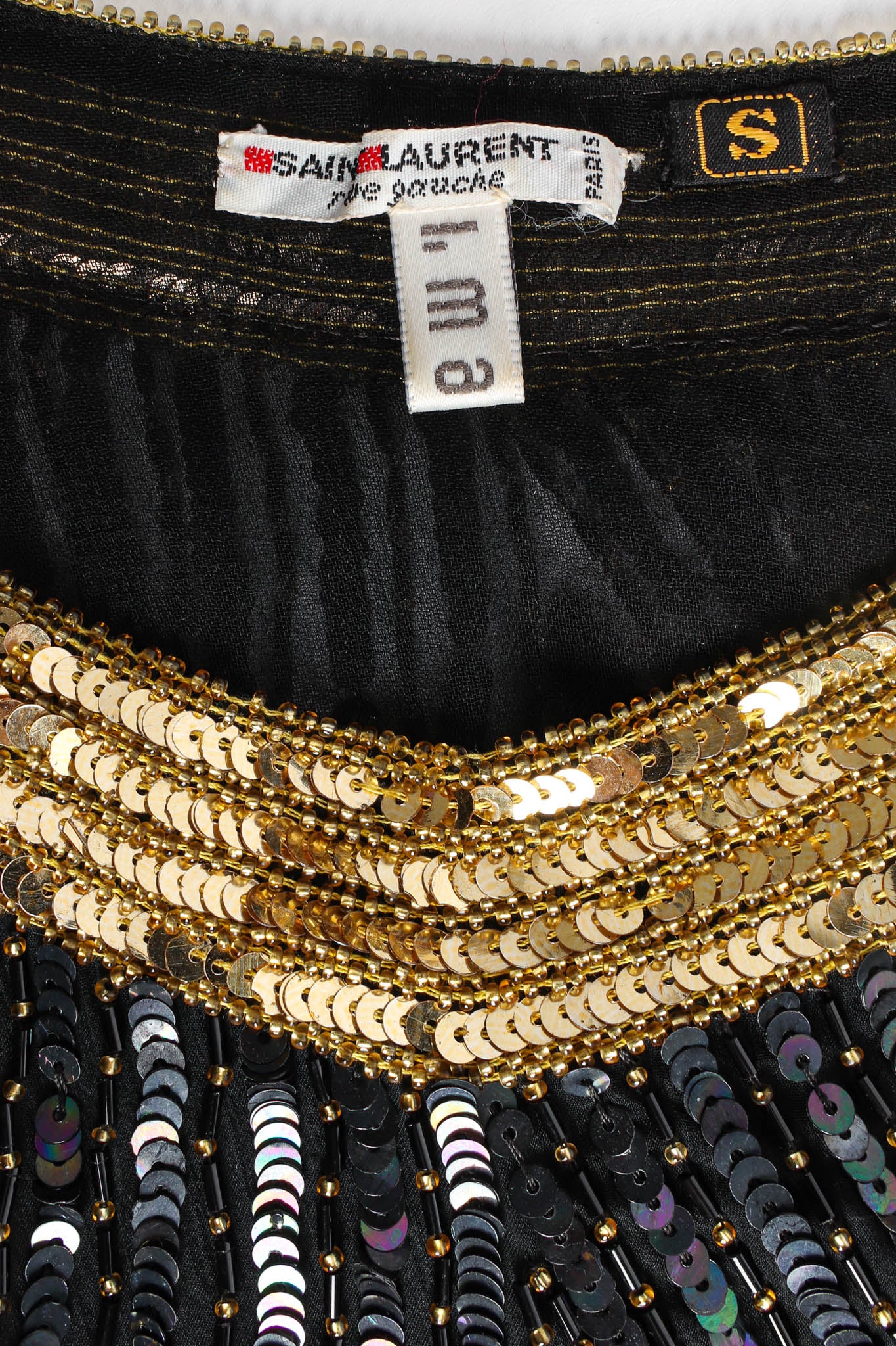 Vintage Saint Laurent Silk Shimmer Bead & Sequin Top tags @ Recess LA