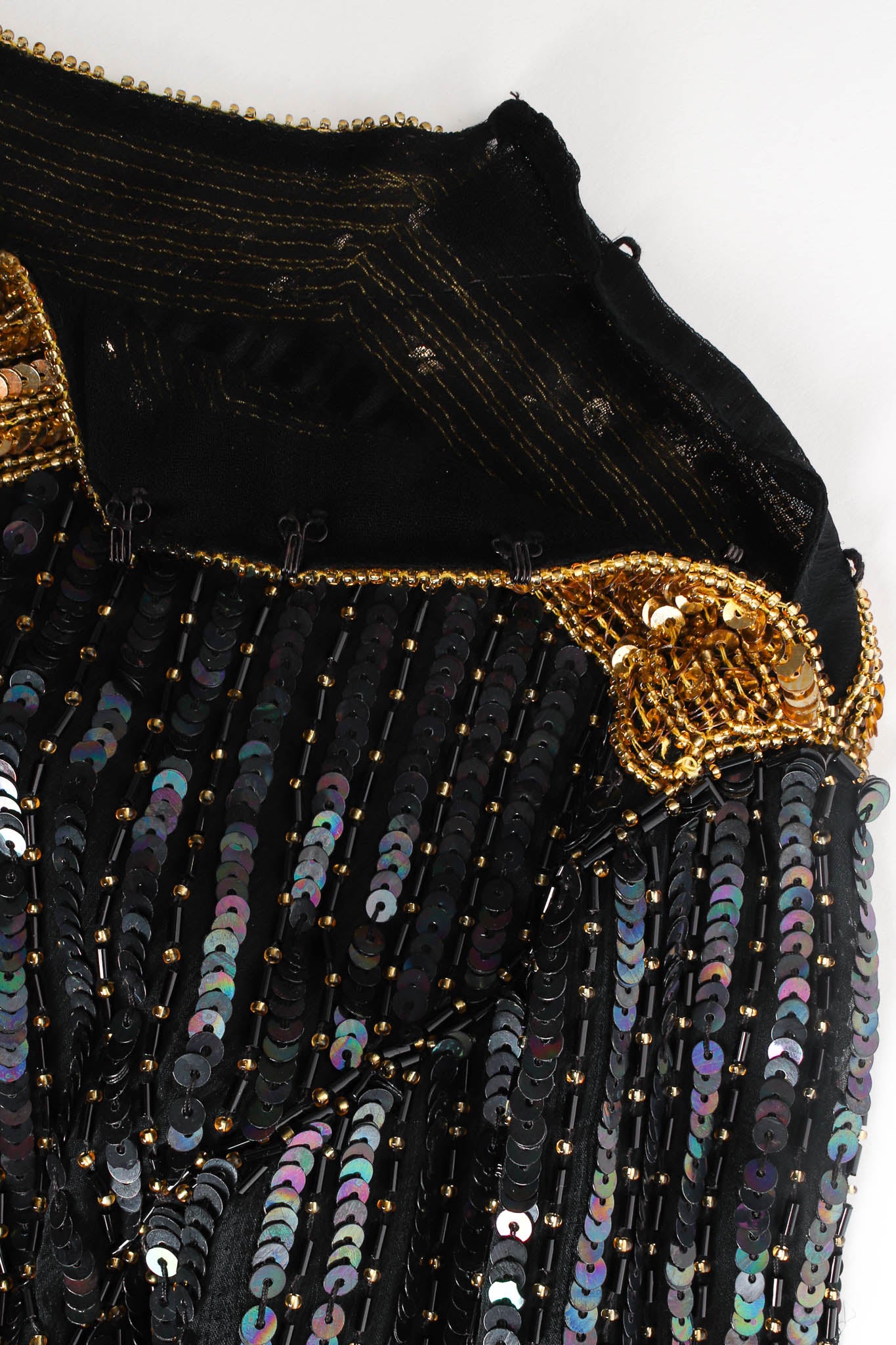 Vintage Saint Laurent Silk Shimmer Bead & Sequin Top shoulder opening @ Recess LA