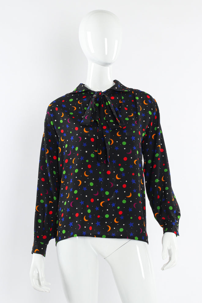 Vintage Saint Laurent 1979 S/S Rainbow Star Moon Blouse mannequin front bow tied @ Recess Los Angeles