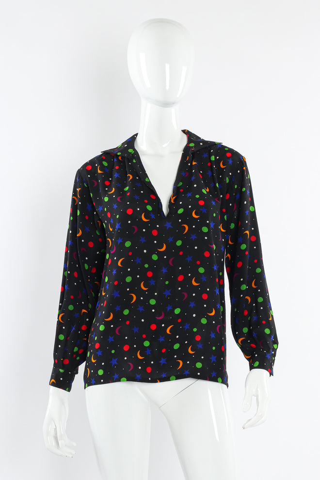 Vintage Saint Laurent 1979 S/S Rainbow Star Moon Blouse mannequin front un-tied @ Recess Los Angeles