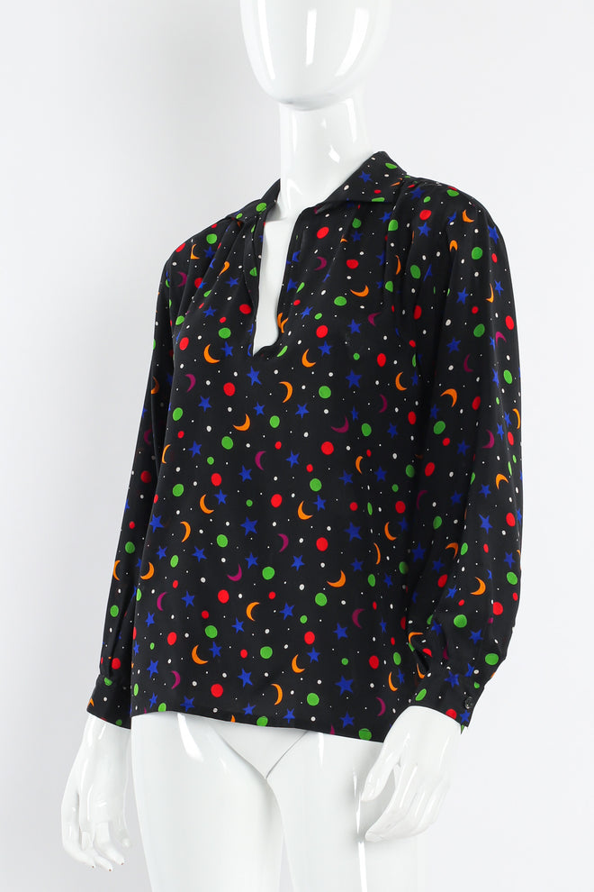 Vintage Saint Laurent 1979 S/S Rainbow Star Moon Blouse mannequin angle un-tied @ Recess Los Angeles