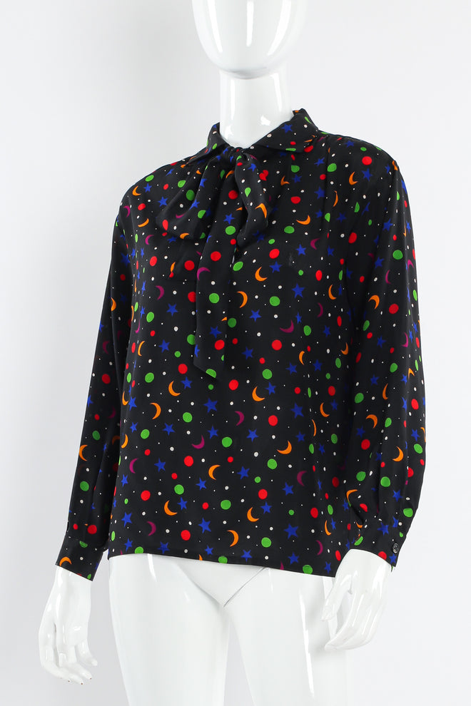 Vintage Saint Laurent 1979 S/S Rainbow Star Moon Blouse mannequin front angle tied  @ Recess Los Angeles