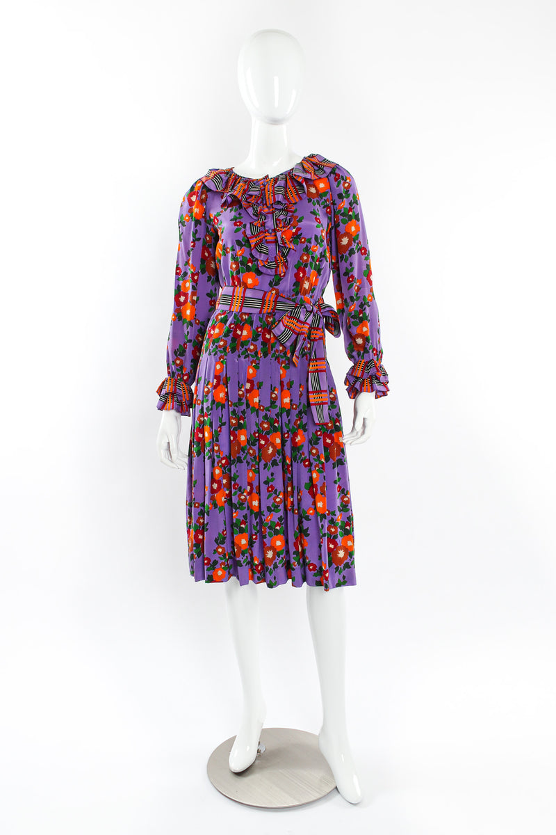 Vintage Saint Laurent Floral Plaid Silk Pleated Dress mannequin front @ Recess LA