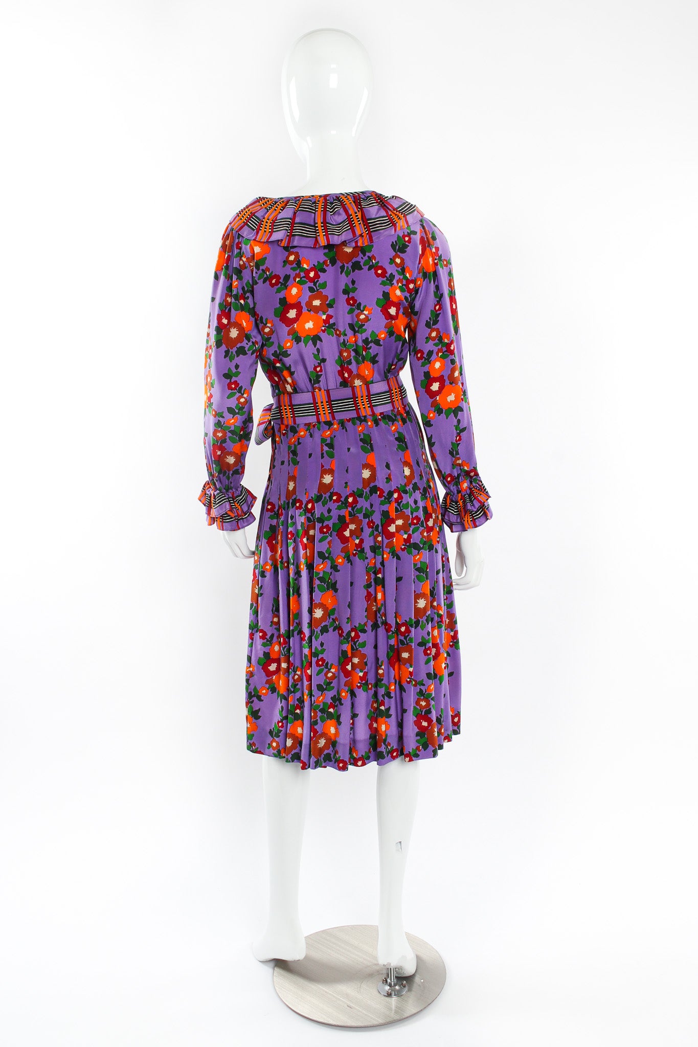 Vintage Saint Laurent Floral Plaid Silk Pleated Dress mannequin back @ Recess LA