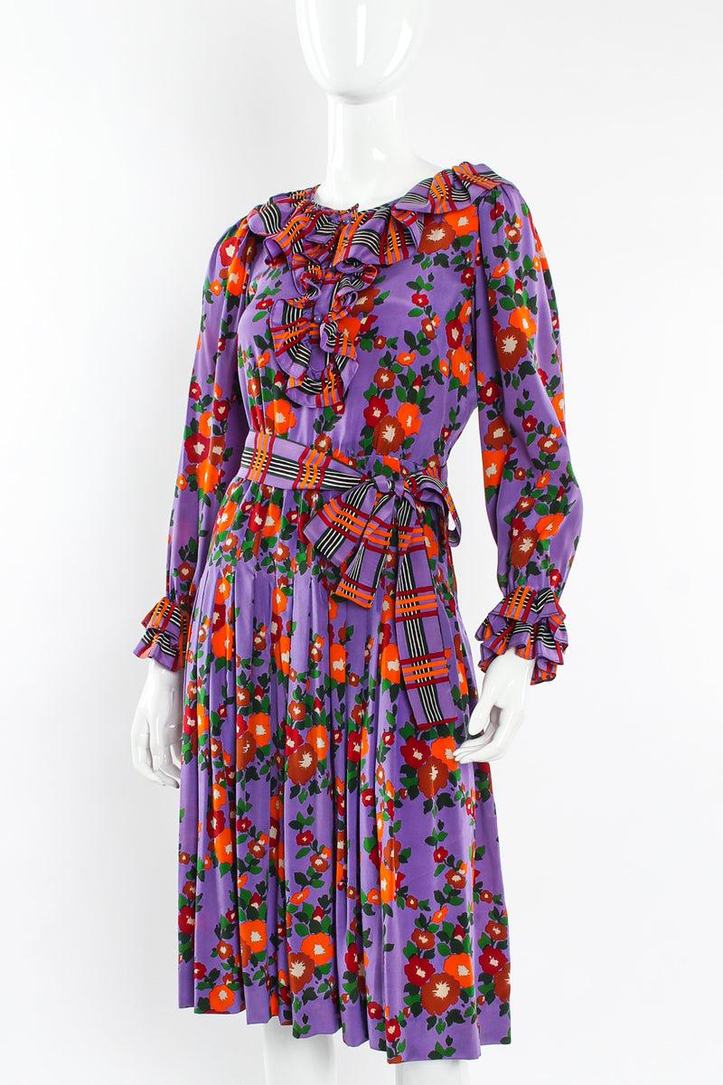 Vintage Saint Laurent Floral Plaid Silk Pleated Dress mannequin close front angle @ Recess LA