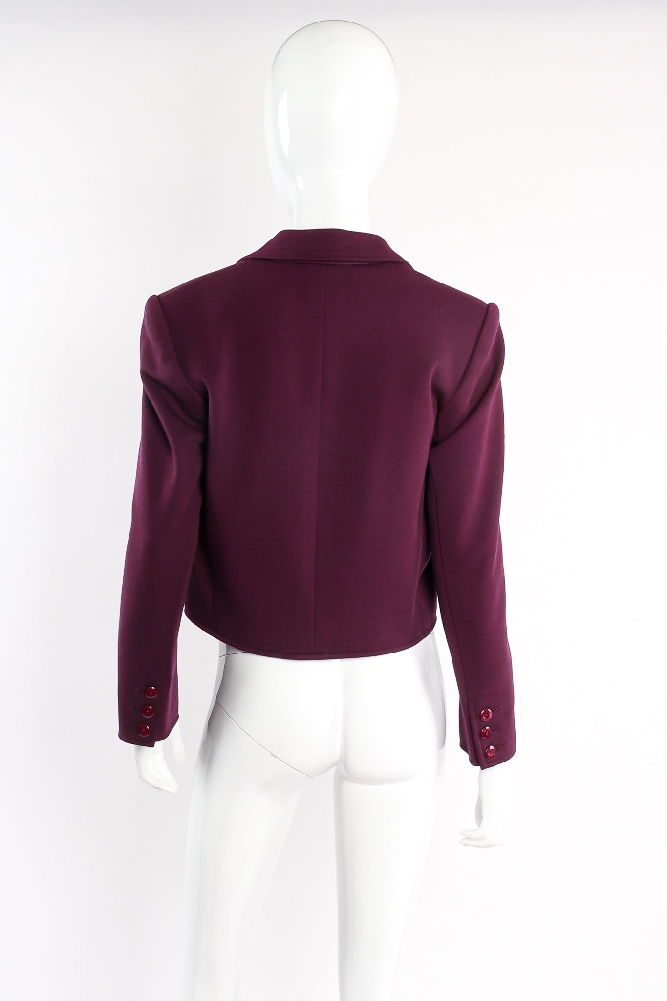 Vintage Yves Saint Laurent YSL Cropped Plum Double Knit Jacket on Mannequin back at Recess LA