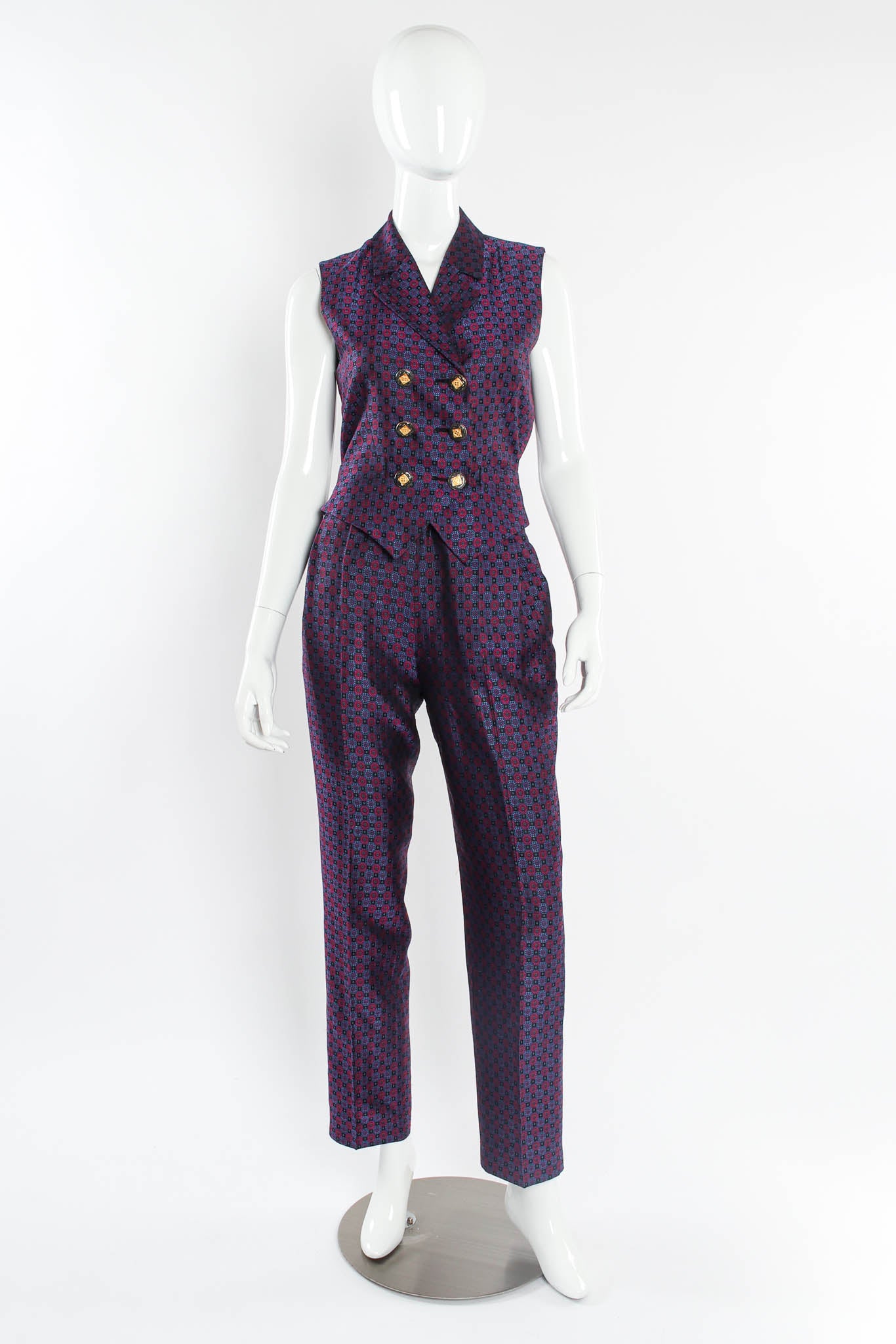 Vintage 90s Yves Saint Laurent Geo Checker Vest & Pant Suit Set mannequin front @ Recess LA