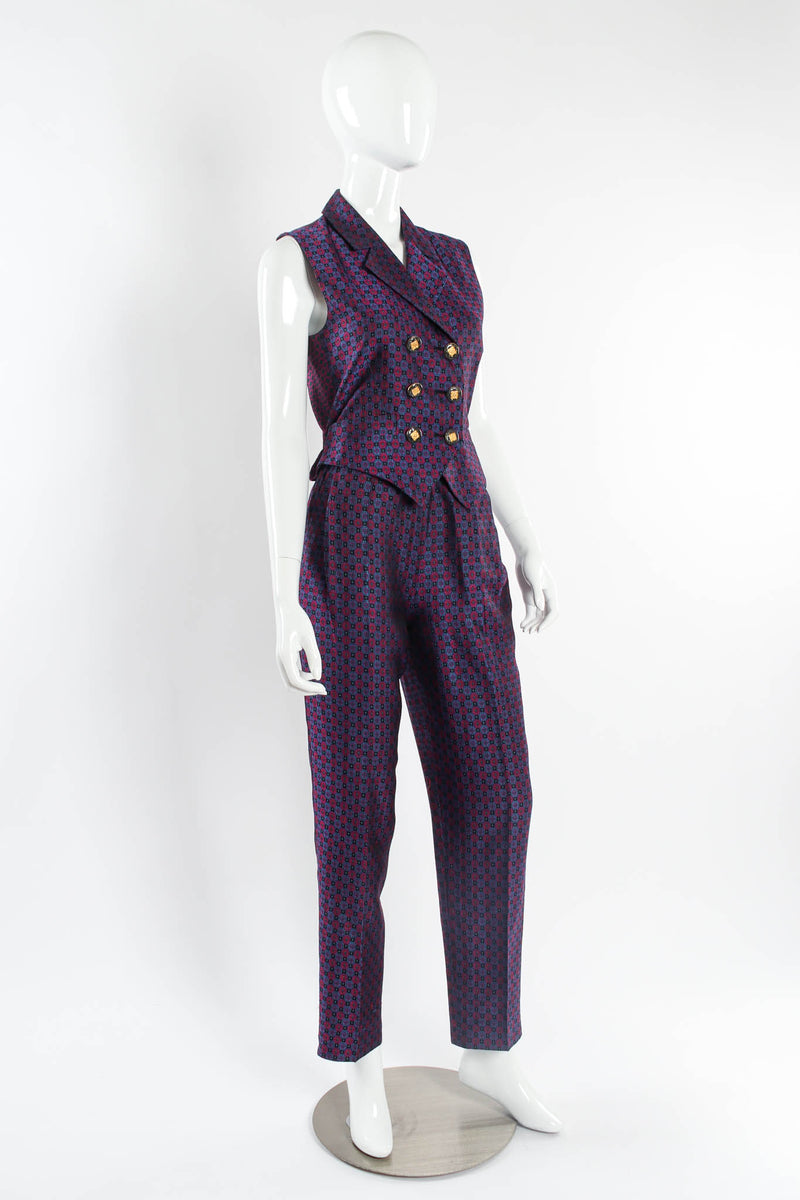 Vintage 90s Yves Saint Laurent Geo Checker Vest & Pant Suit Set mannequin angle@ Recess LA