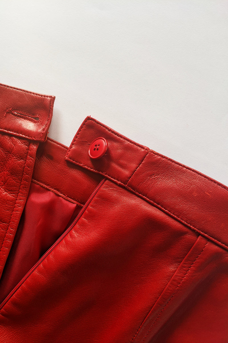 Vintage YSL Yves Saint Laurent 1988 Red Leather Skirt Suit Button Alter at Recess LA